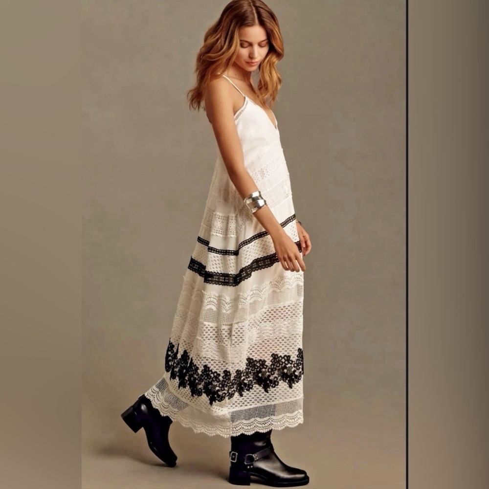 By Anthropologie Sleeveless V-Neck Lace Maxi Dress in White & Black Size Medium - Picture 8 of 12